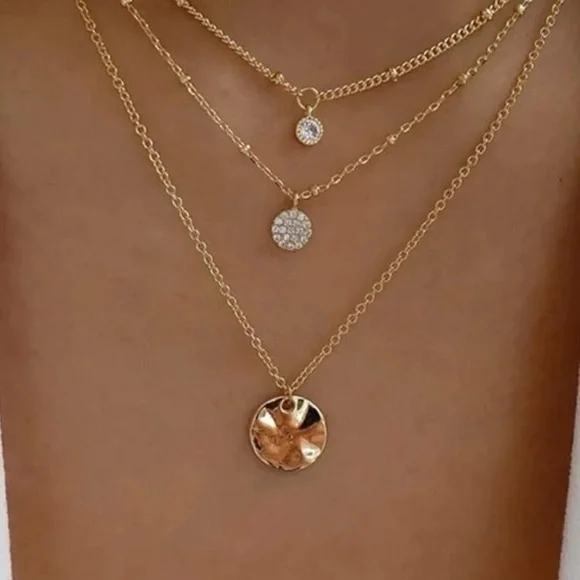 3 Layer Gold Pendant Necklace with Rhinestones - Picture 1 of 5